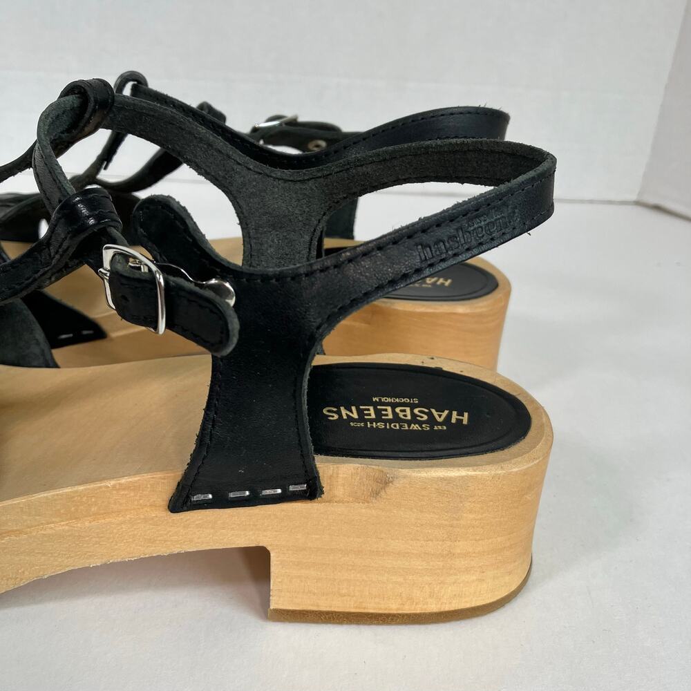 Swedish Hasbeens Ulla Low Sandals Size US 11 EU 41 Black Leather Wood Platform - Picture 11 of 16